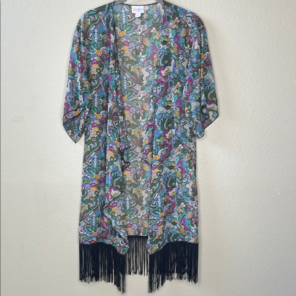 Fringed Boho Kimono Monroe Duster Paisley Elephant Black Fringe‎ Size S